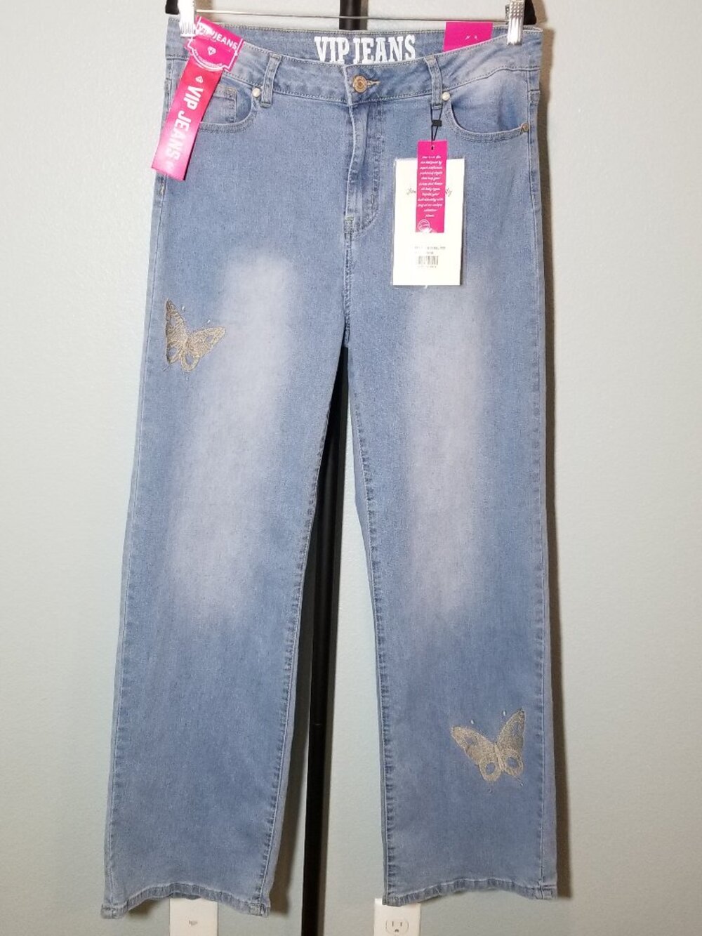 VIP Jeans Womens Sz 15/16 Wide Leg Jeans Embroidered Butterflies Hippie Boho NWT